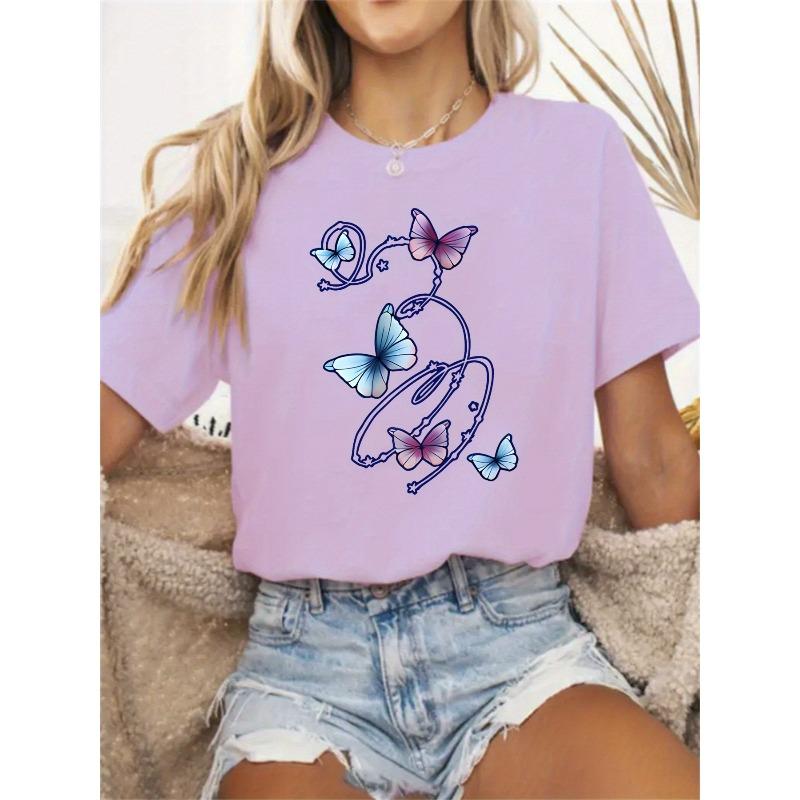 Women's Butterfly Print Round Neck T-Shirt - All-Season Comfort Stretchy Casual Top with Artistic Line Design,