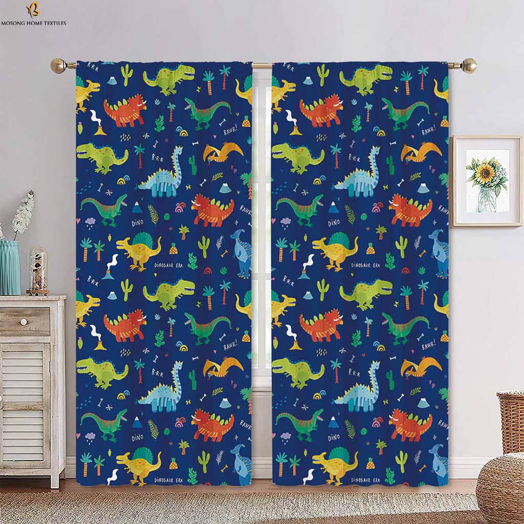 Set Of 2 Cute Cartoon Animal Dinosaur Print Curtains Bedroom Living Room Kitchen Kids Decorative Curtain With Rod Pocket Polyester Perfect For Sitting