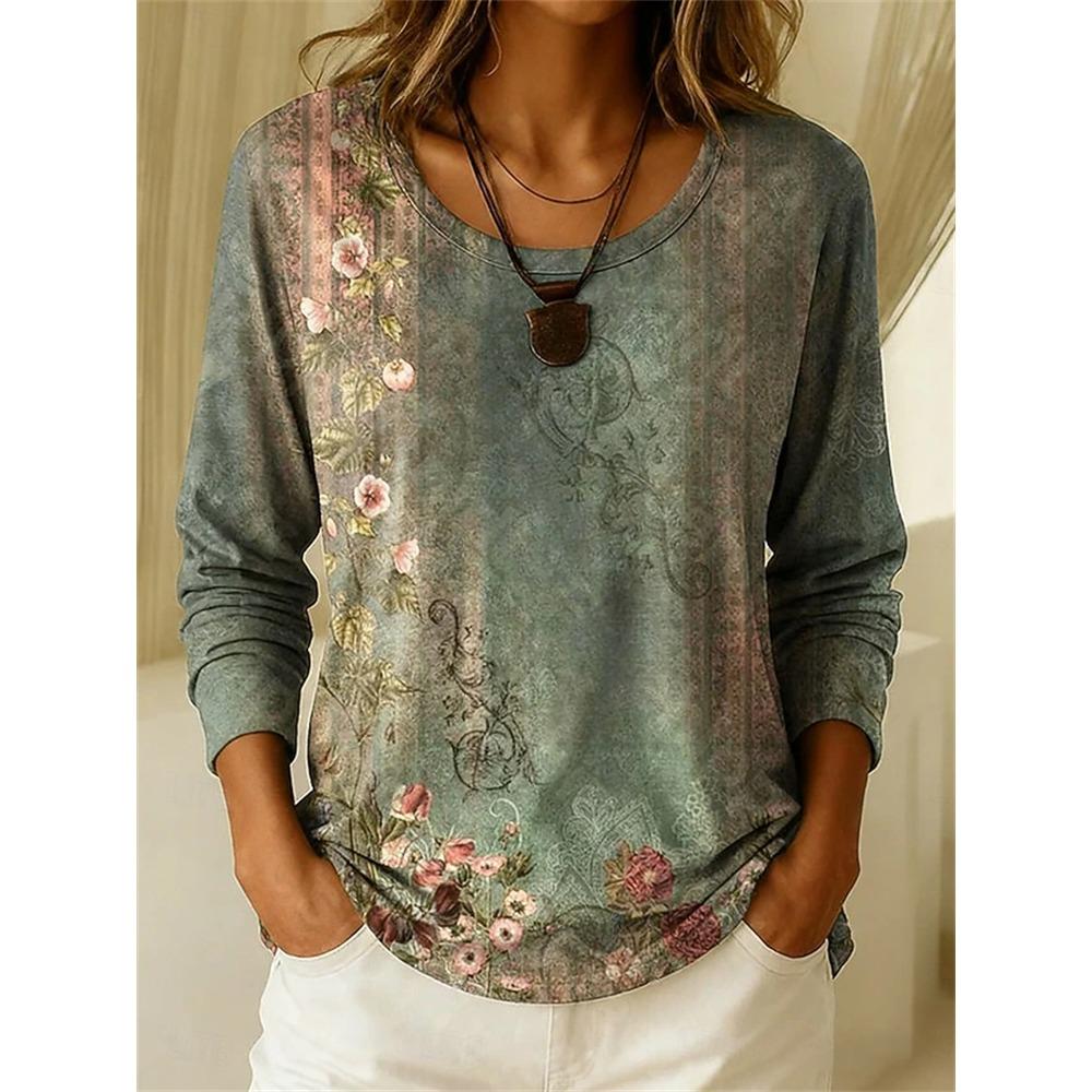 Women's Long-Sleeve T-Shirt Autumn 2026 Elegant Comfortable Crew Neck 3D Sunflower Floral Print Vintage Casual Street-Style Top