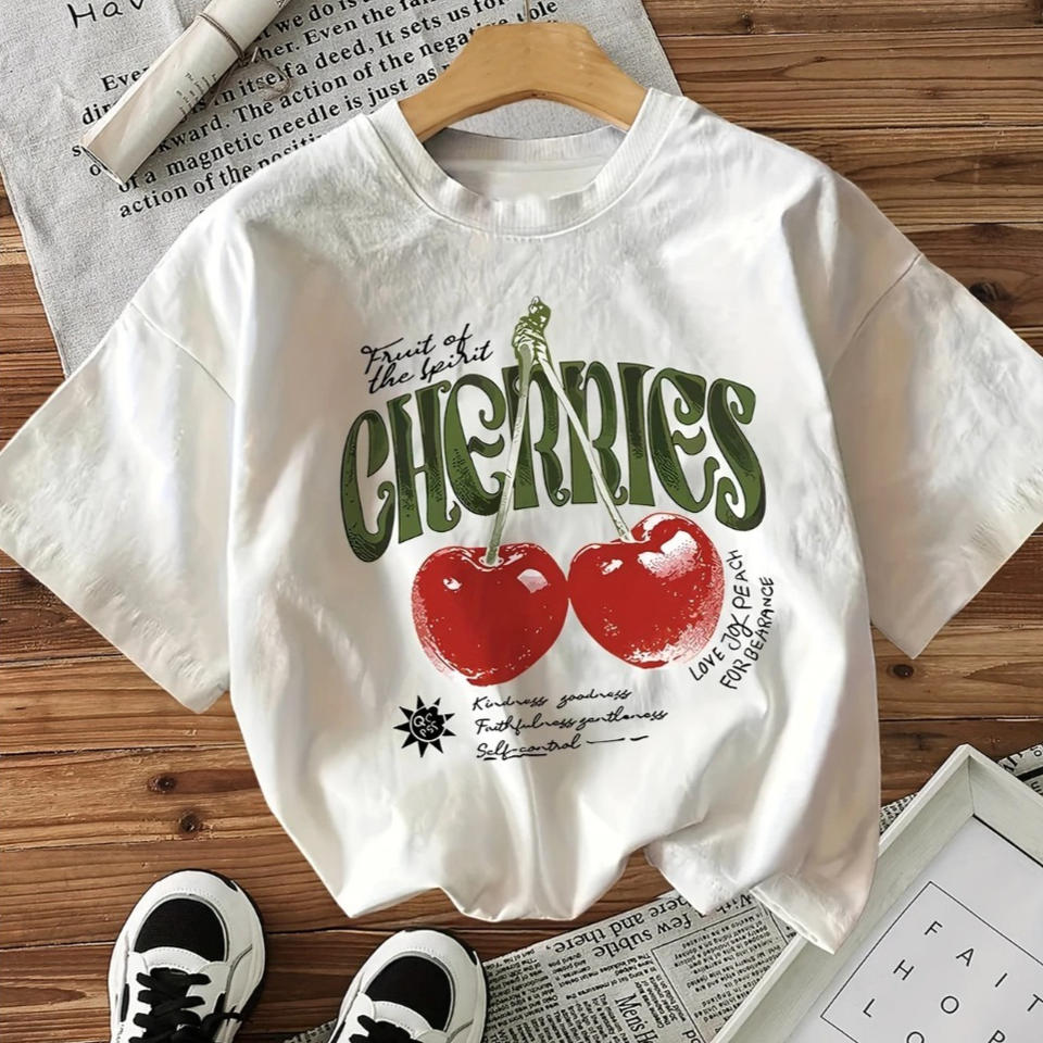 Retro Cherries Fruit Graphic T‑Shirt Men Women Casual Short Sleeve Tee Vintage Aesthetic Letter Print Unisex Streetwear Tops