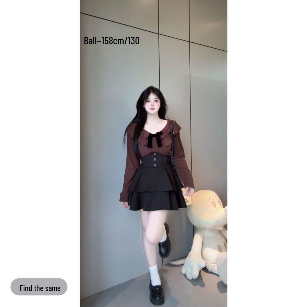 

Plus Size Academy Style Bow Knit Top & Cinched Skirt Set 4XL (160-180 jin)