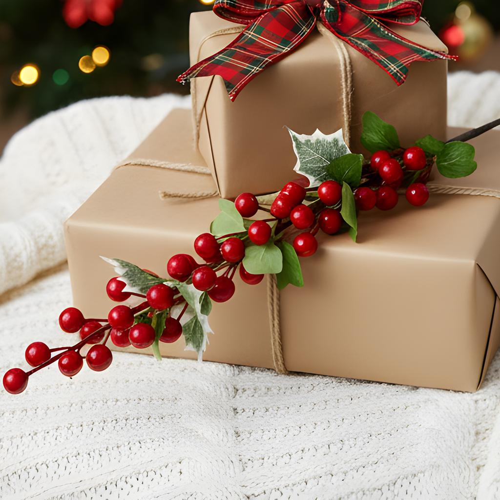 52cm Christmas Red Holly Berries Branch with Green Leaves Fake Berry DIY Garland Xmas Tree Ornaments Festival Party Home Decor