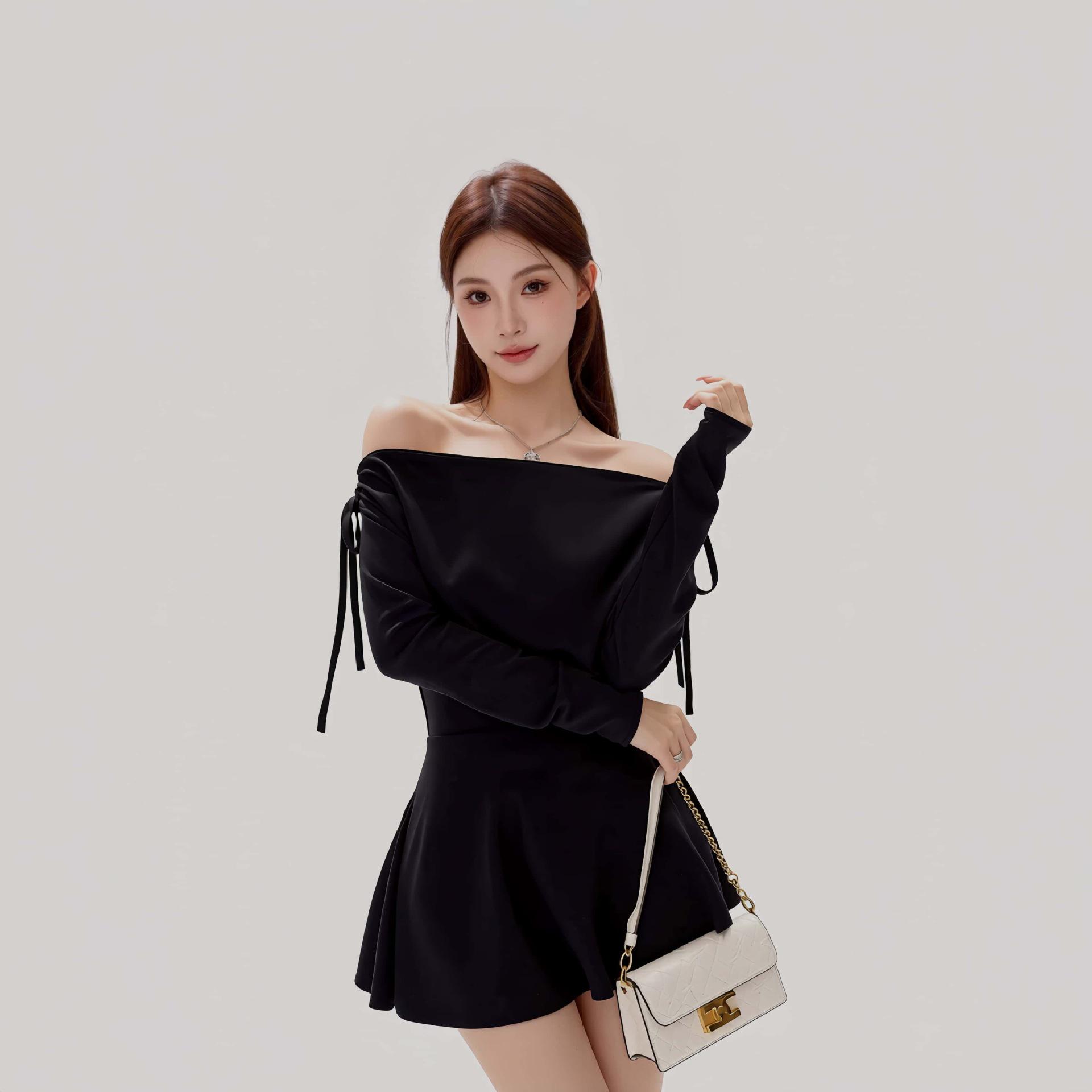 

Sweetheart One-Shoulder Bow Tie Lace-Up A-Line Dress for Women - Waist-Cinching Short Skirt, Autumn/Winter Collection. Large чорний