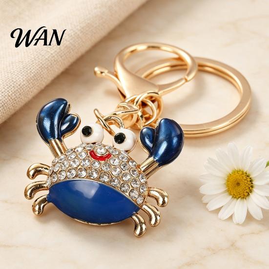 Zinc Alloy Keychain Charm Pendant Sparkling Rhinestones Inlaid Crab Design Key Anti-oxidation Holder with Lobster Clasp Lightweight Car Bag Accessory