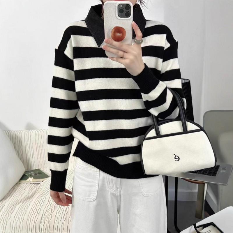 Womens Oversized Knit Sweater With Shirt Collar Color-Block Striped Long Sleeve Pullover Winter Office Wear