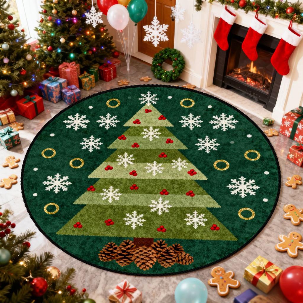 Christmas Tree Pattern Rugs for Bedroom Round Living Room Decoration Red Carpet Soft Study Floor Mat Washable Home Anti-slip Rug