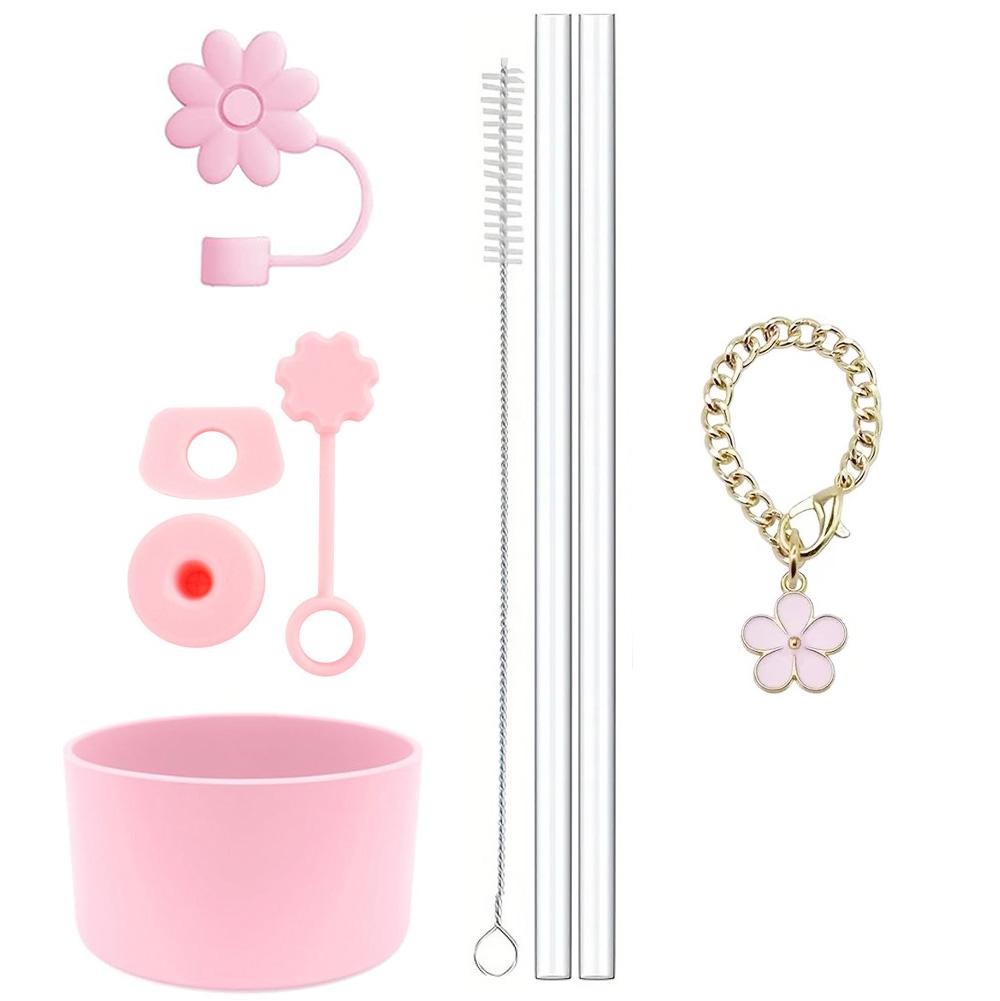 

Cup Accessories for Stanley Set of 9, 2 Straw and Brush and 1 Flower Charm Chain 3 Spill Proof Stopper Flowers Straw Cover Boot