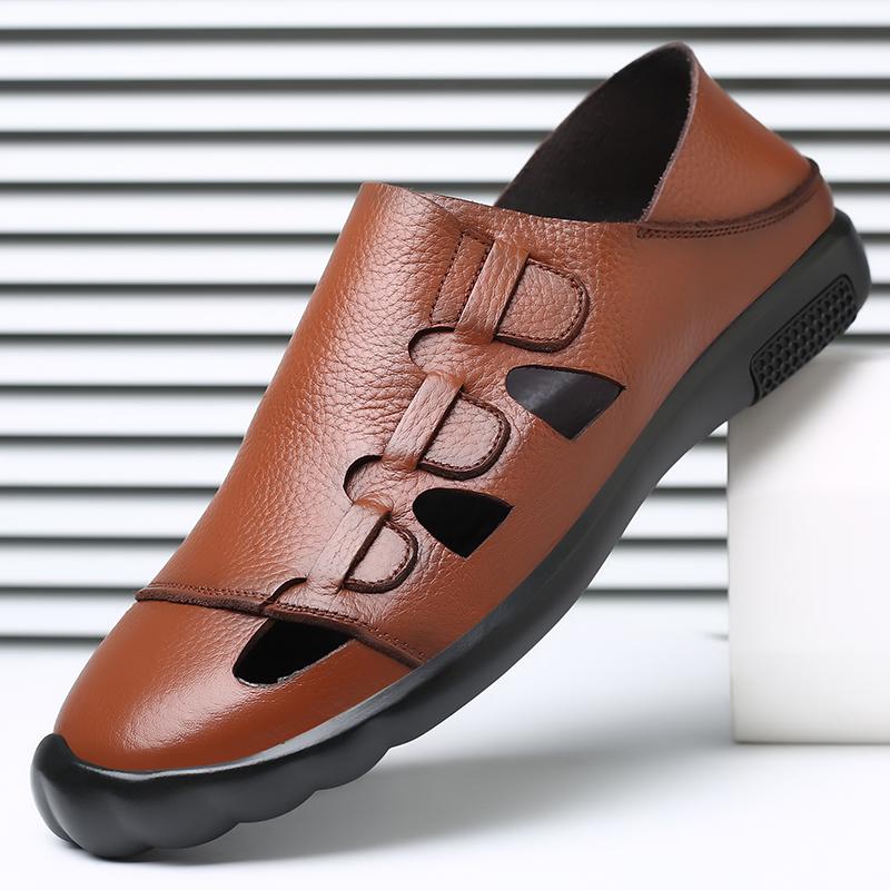 Fashion Designer Brand Men's Leather Sandals Soft Soles Comfortable Men's Beach Casual Shoes Lightweight Work Leather Shoes Retro Brown