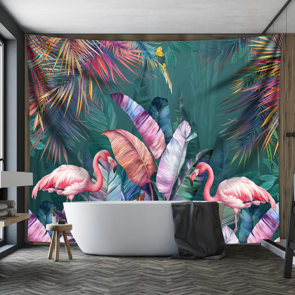 Pink Flamingo Tapestry, Tropical Banana Leaves And Parrot Wall Hanging, Boho Jungle Art For Bathroom Living Room Decor