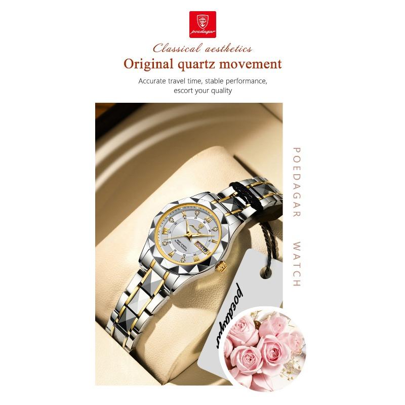 POEDAGAR Elegant Luxury Women Watch Luminous Waterproof Week Date Wristwatch Stainless Steel Fashion Quartz Ladies Watches
