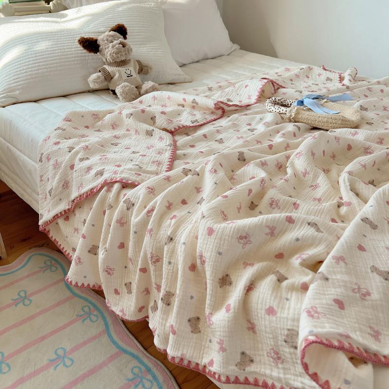 100% Cotton Blanket INS Style Pure Cotton Crepe Yarn Summer Blanket Single/Queen/King Size Cartoon Quilt for Kids Soft Plaids