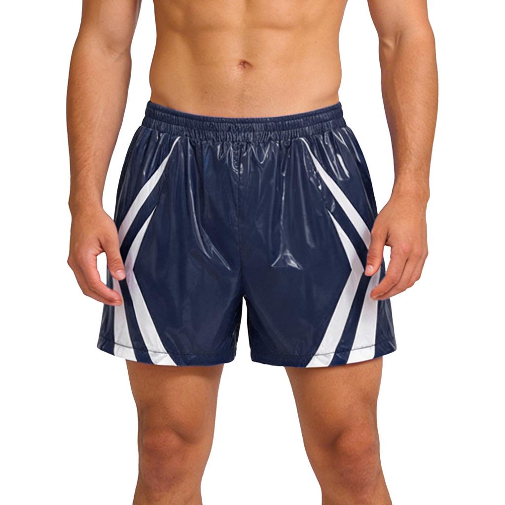 Mens Waterproof Swim Trunks Pockets Color Blocking Stripes Elastic Waistband Athletic Bottoms