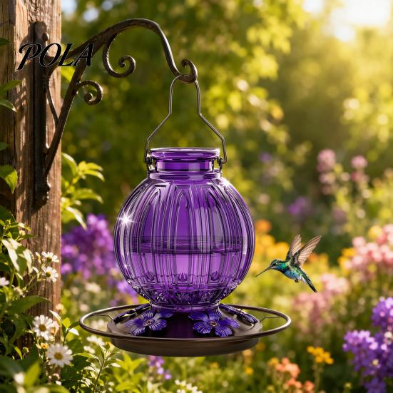 Glass Hummingbird Feeder Outdoor Feeder, Bird with Perch, Red Flower Backyard Feeding Ports, Hanging Nectar for Garden Yard Hummingbirds Balcony