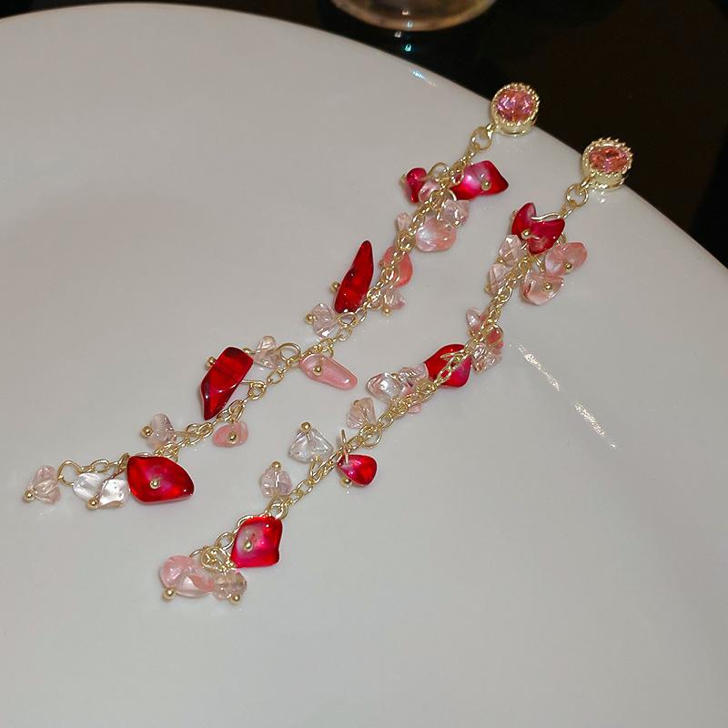 

Silver needle super fairy pink gravel fringed earrings exquisite temperament niche earrings star same high-end earrings women
