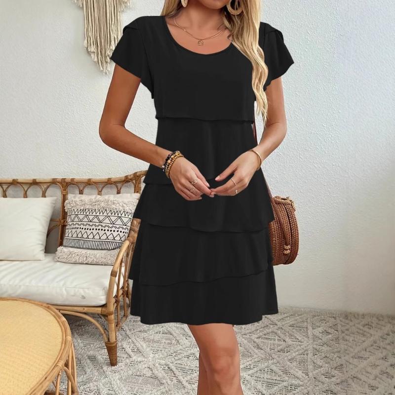 Women's Short Sleeve Crew Neck Ruffle Tiered Layered Flowys Swing Long Midi Dress Summer Dresses Casual Loose Dresses