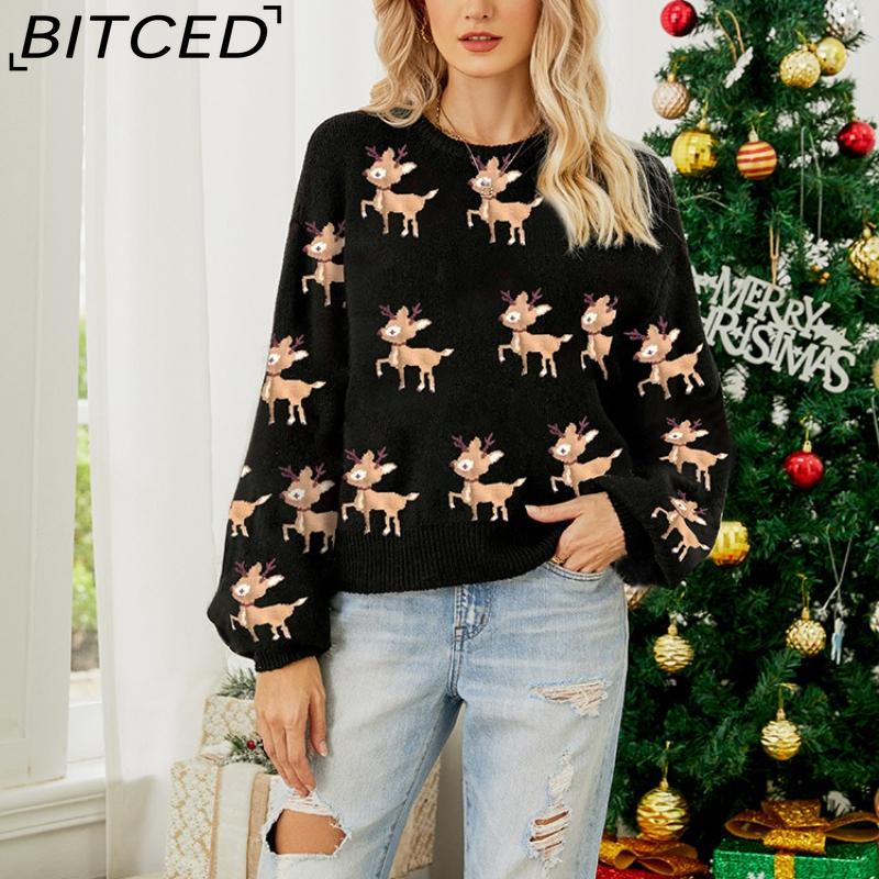 BITCED Women's Red Christmas Sweater with Deer Jacquard Pattern Relaxed Fit, Cute Long-Sleeved Pullover Knit