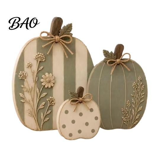 Solid Wood Pumpkin Set 3Pcs Wildflower Figurines, Farmhouse Fall Tabletop Decor, Rustic Pumpkins with Harvest Table Centerpieces Embossed Floral, Jute