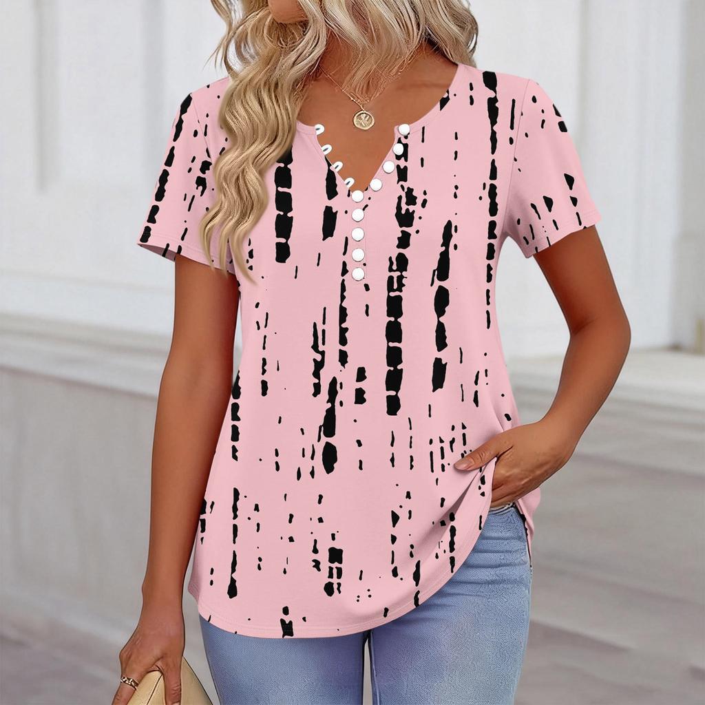 Damen Kurzarm Hemdbluse mit Blumenmuster, Henley-Kragen, Knopfleiste, Lässige lockere Passform, Oberteil für den täglichen Gebrauch und Outdoor-Aktivitäten
