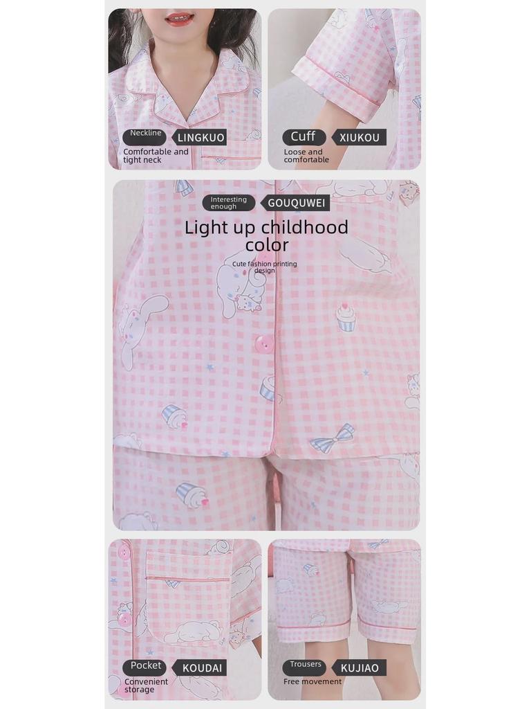 Seturi de pijama de vară din bumbac cu desene animate pentru fete - Topuri cu mânecă scurtă și pantaloni scurți pentru copii de vârstă mijlocie și mare.