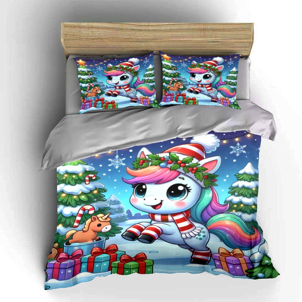 Christmas Unicorn Gift Design Bedding Duvet Cover Set (1*Duvet Cover 2*Pillowcases, without duvet insert)