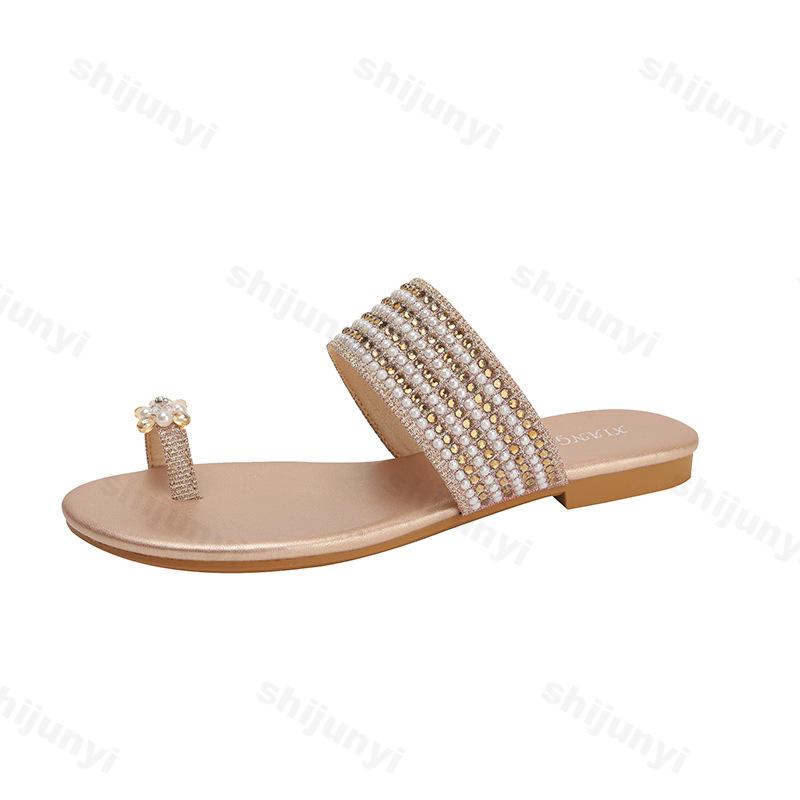 Fashion 2025 Summer New Roman Style Casual Sandals Women's Rhinestone Design Fashion Beach Slippers Comfortable Elegant Flat Drag Shoes