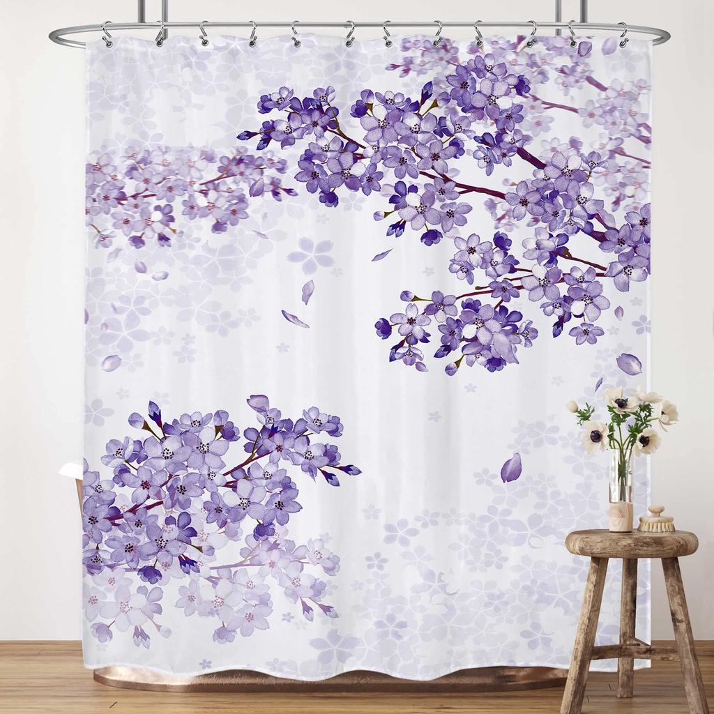 Pink Cherry Blossom Shower Curtain Retro Floral Sakura Plum Blossom Blooming Flower Spring Flower Geometric Bathroom Accessories