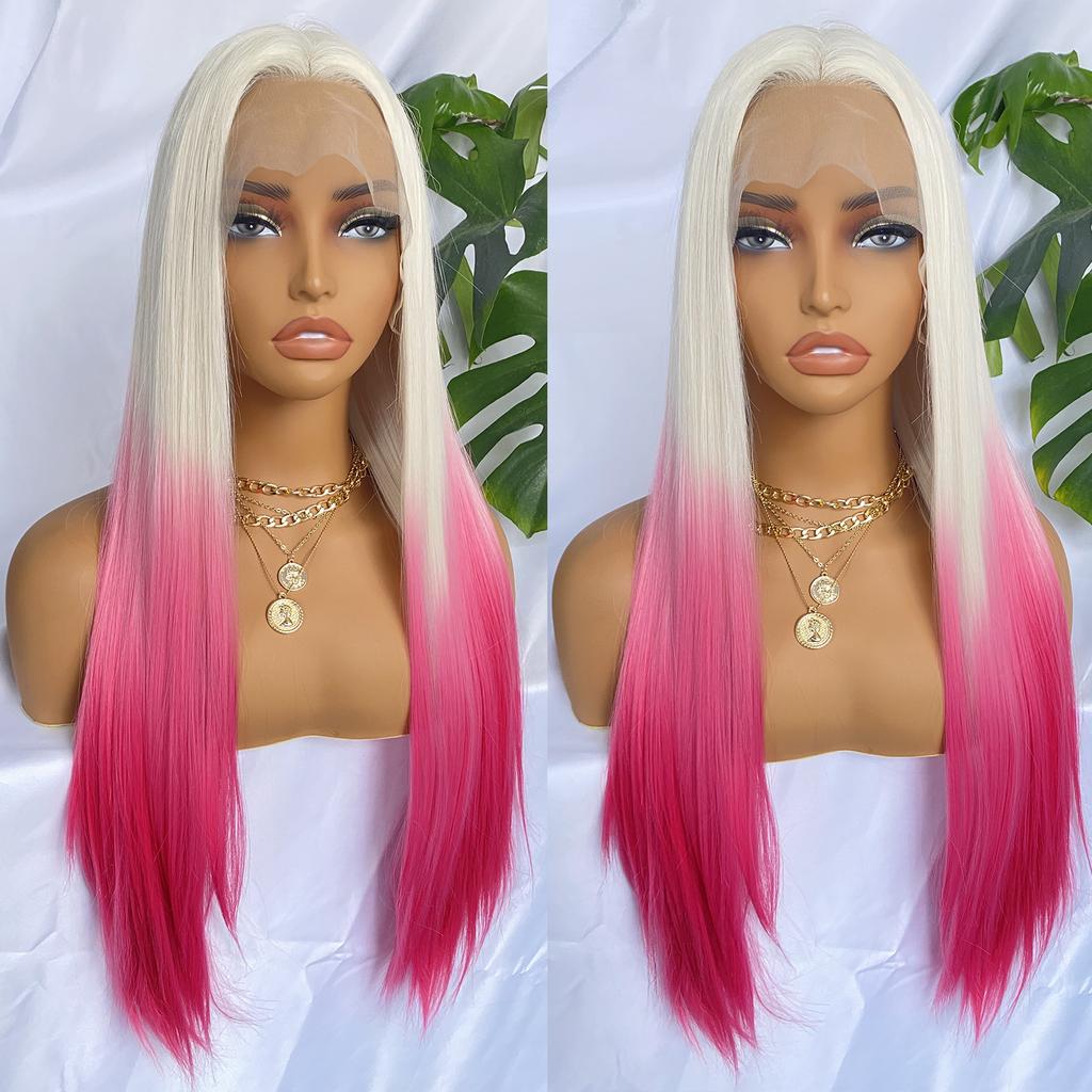 Ombre Pink Synthetic Lace Front Wig Colored Platinum Roots 13x4 Long Straight Hair Natural Hairline Glueless Wigs For Women