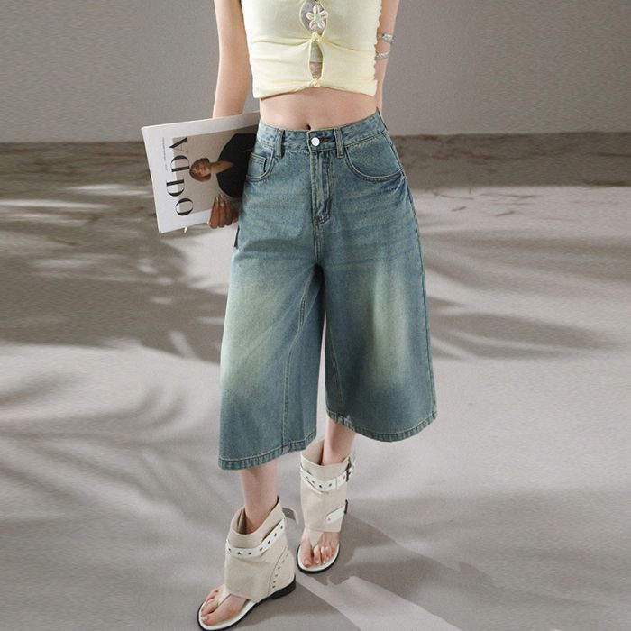 Vintage Washed Distressed Wide Leg Cropped Capri Denim Shorts For Women Straight Eight Points Pants  Versatile Slimming AllMatch Casual Bottoms