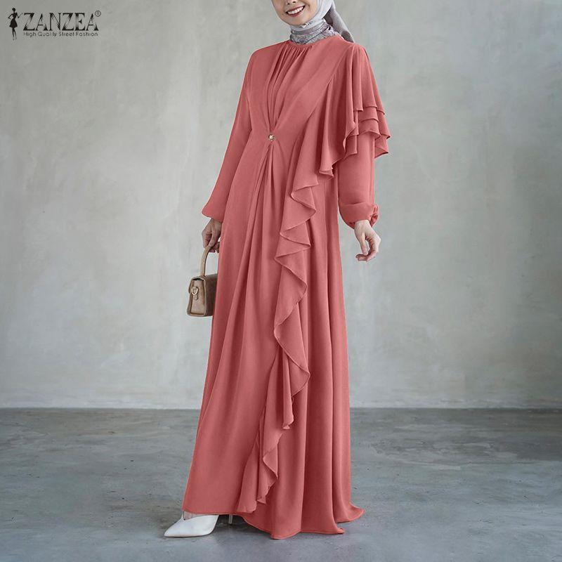ZANZEA Women Casual Round Neck Long Sleeve Loose Ruffles Splice Long Dress