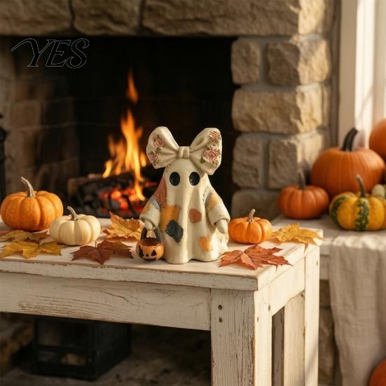Cottage Style Halloween Ornament Lighted Vintage Patchwork Ghost, LED Light Ghost with Pumpkin Lantern Decor, Rustic Fall Decorations Ghosts