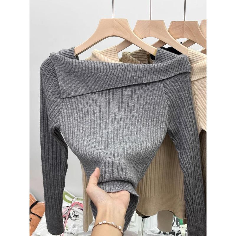 Lapel One-word Shoulder Knitted Bottoming Shirt Women's Inner Sweater Autumn and Winter New Design Short Top Women's