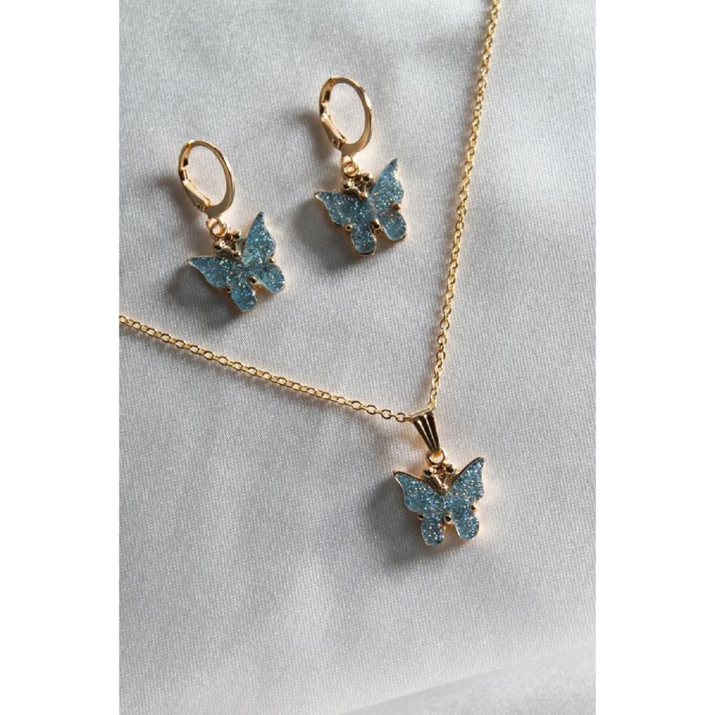 Women's Aqua Green Sparkling Butterfly Necklace And Earrings