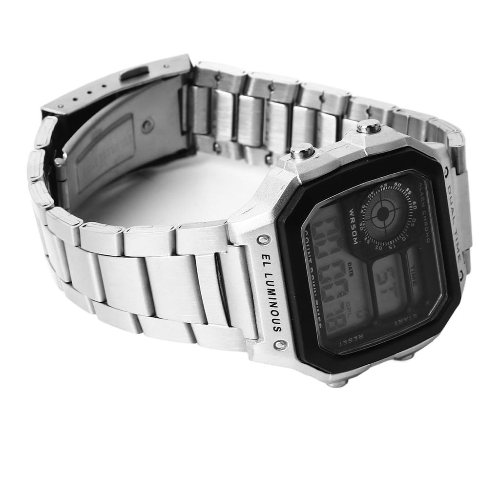 Generic Men's Vintage Digital Watch, Silver, Luminous, Waterproof, Stainless Steel Strap Buckle