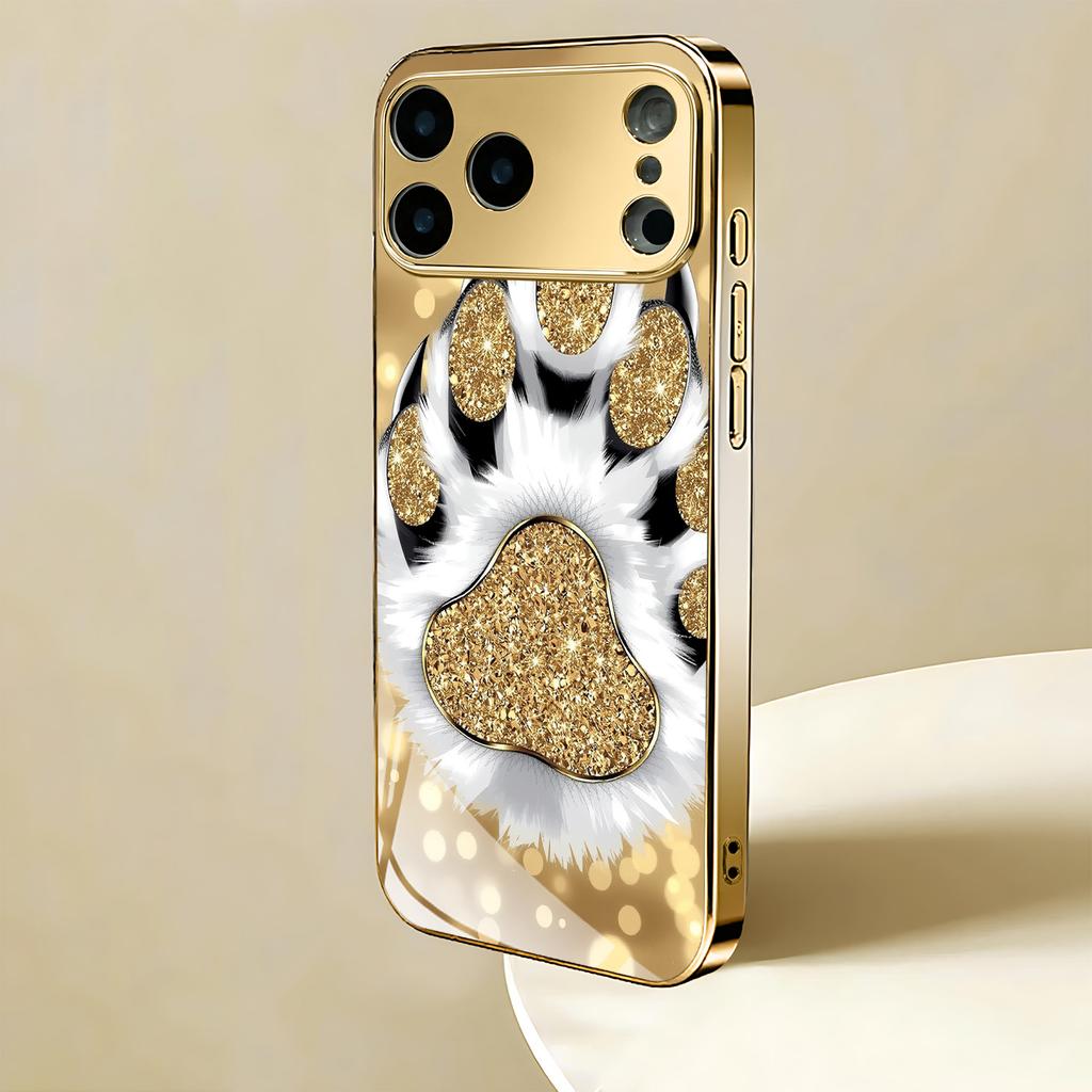 Premium galwanizowana szklana obudowa na telefon dla iPhone 17  16  15  14  13  12  11pm Pro Plus. Wysokiej jakości złoty odcisk łapy zwierzęcia.