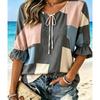 Women's Color Block Geometric Tie Neck Top, Ruffle Half Sleeve Casual Loose Shirt for Vintage Summer Daily Wear