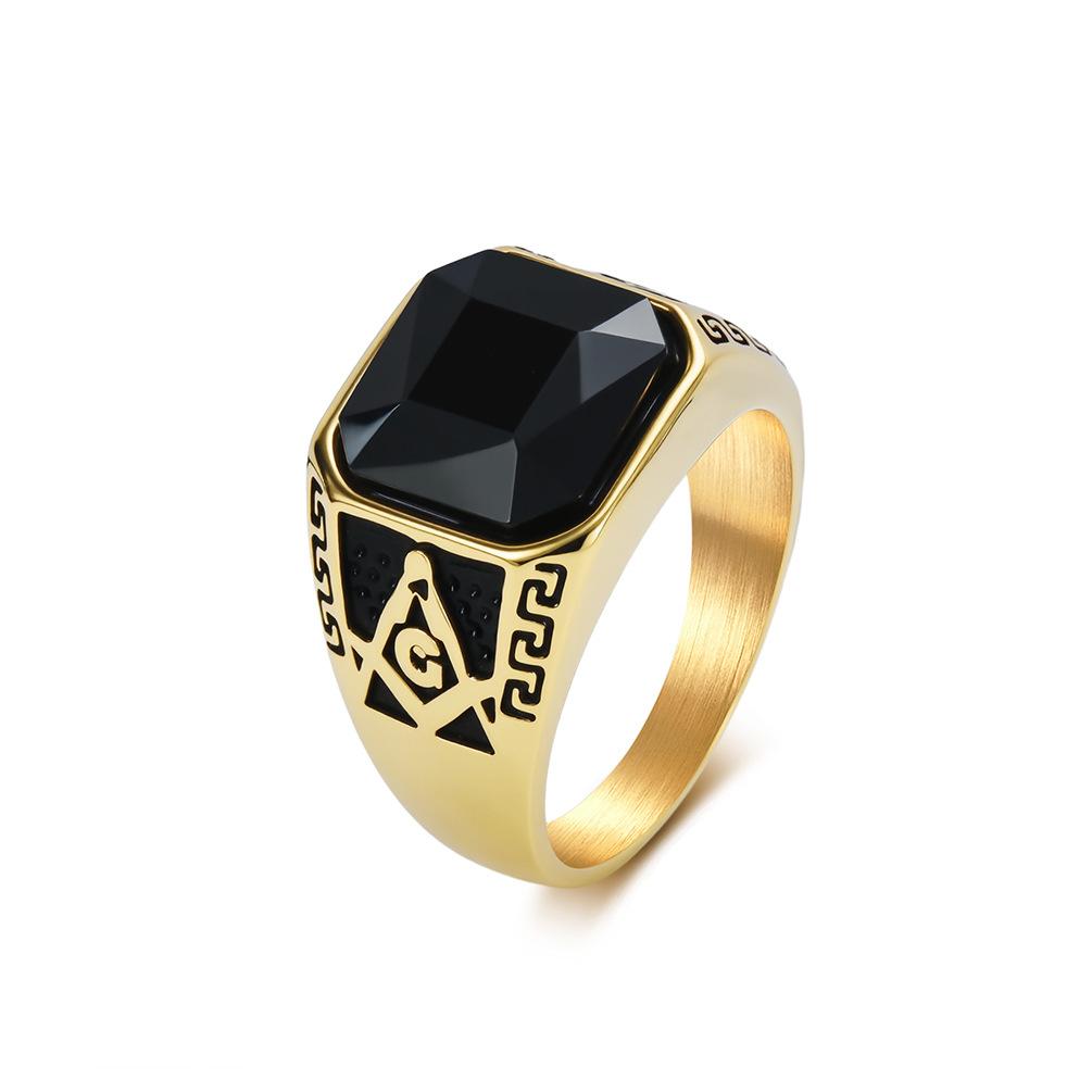 Vintage Classic Masonic Black Gem Ring Ring Men's Niche Literary Brotherhood Stainless Steel Index Finger Ring