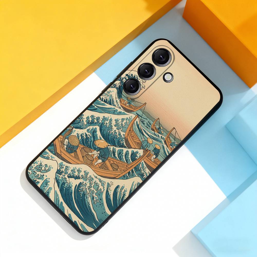 J-Japan Style Ukiyo-e Cool Phone Case For Samsung Galaxy A 73,72,51,53,52,71,22,5G,Note,J7,8,9 Soft Black Cover
