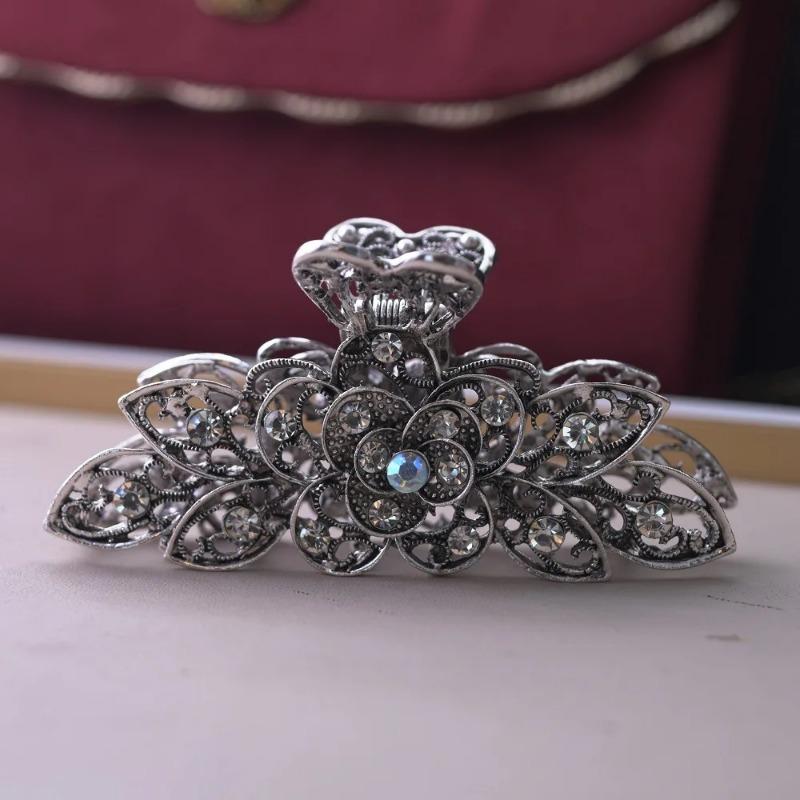 New European Style Stacked Flower Large-size Hair Clip Alloy Grip Clip Retro Diamond Hair Accessories