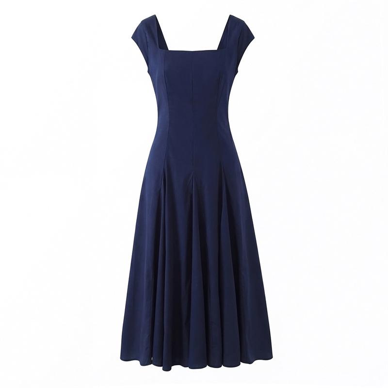 

Elegant French Square Neck Short Sleeve Tie-back Dress - Slimming Waist Mid-length Skirt for Summer Vacation L темно-синий