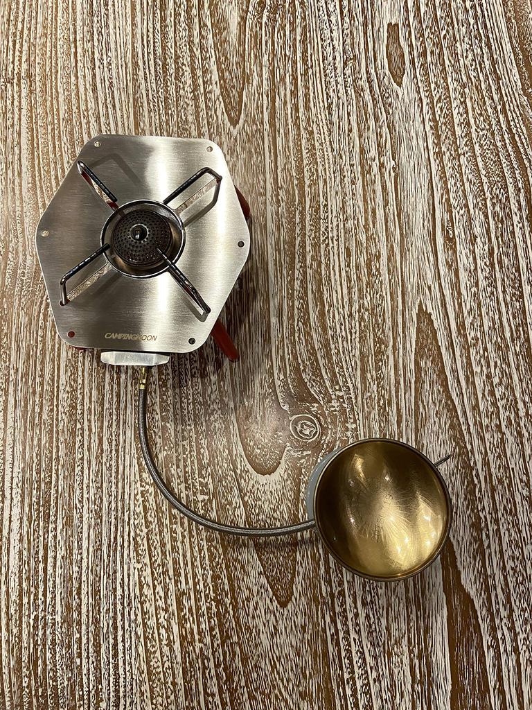 CAMPING MOON Z21-25 Multi-Gas Hose Line for Single Burner, with Valve, Screw-in Type, for OD Cans, and Includes Dispensing Stand