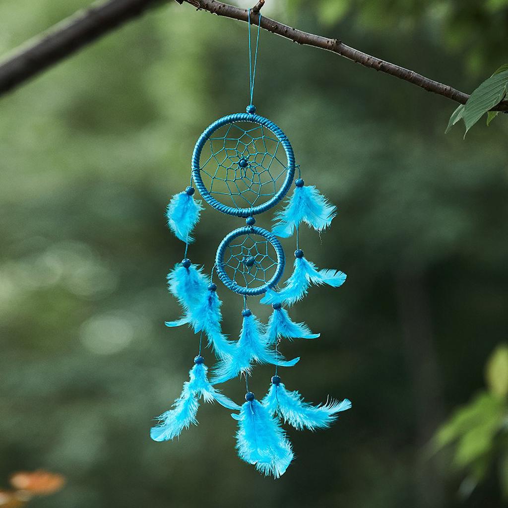 Boho Double Loop Dreamcatcher - Silk Thread Wall Art with Feathers, Car & Room Pendant