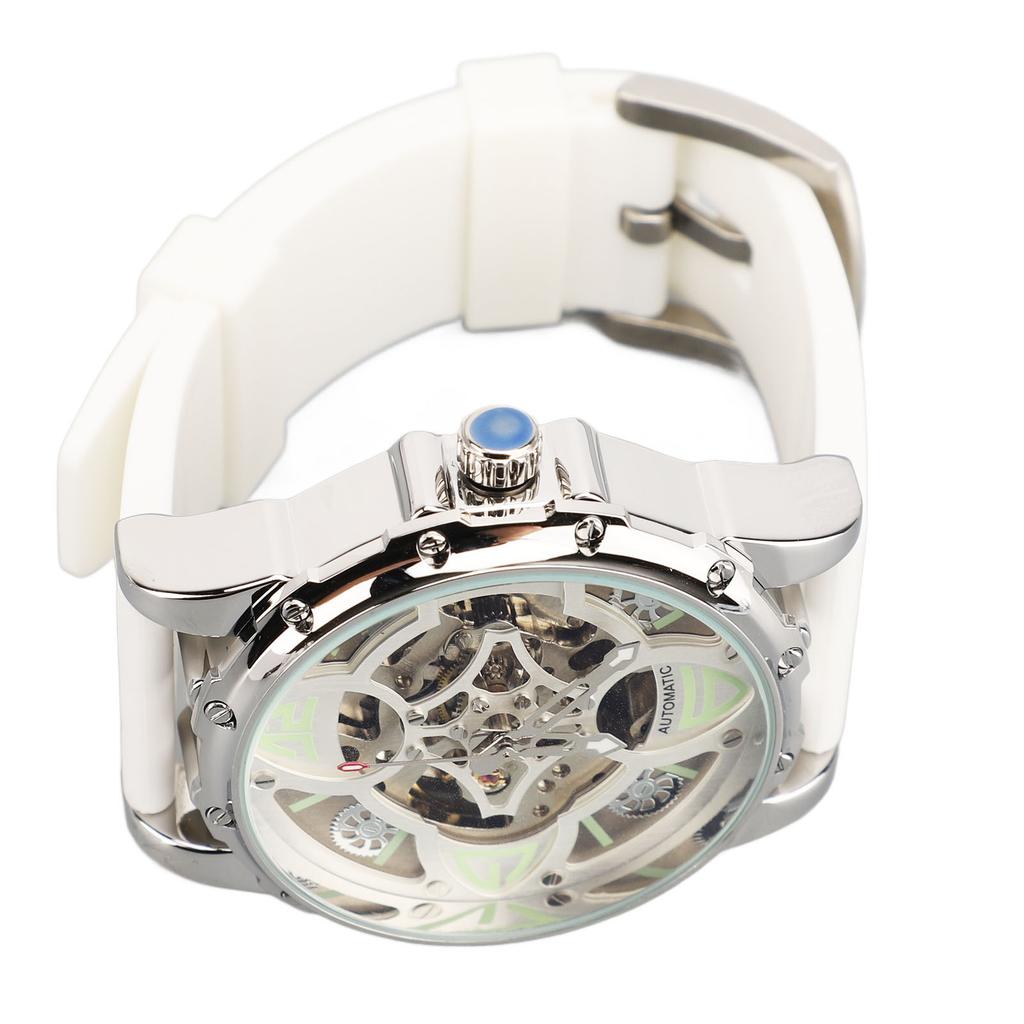 Automatic Mechanical Watch Four Leaf Clover Pattern Double Skeleton Dial 30M Water Resistance Luminous Silicone Strap