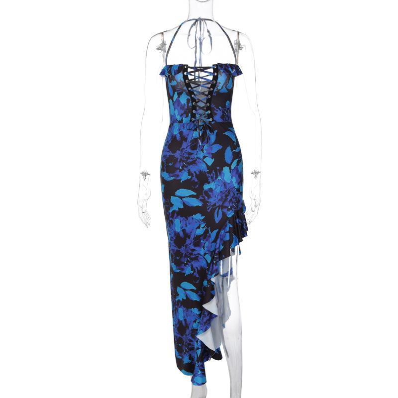 Amazon women s clothing 2026 summer new products fashionable and sexy hollowed-out halter lace-up split-ended printed dress wholesale S синий