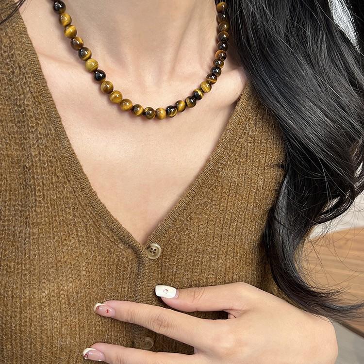 Maillard Tiger Eye Stone Beaded Coin Pendant Necklace, High-End Light Luxury Women's New Style