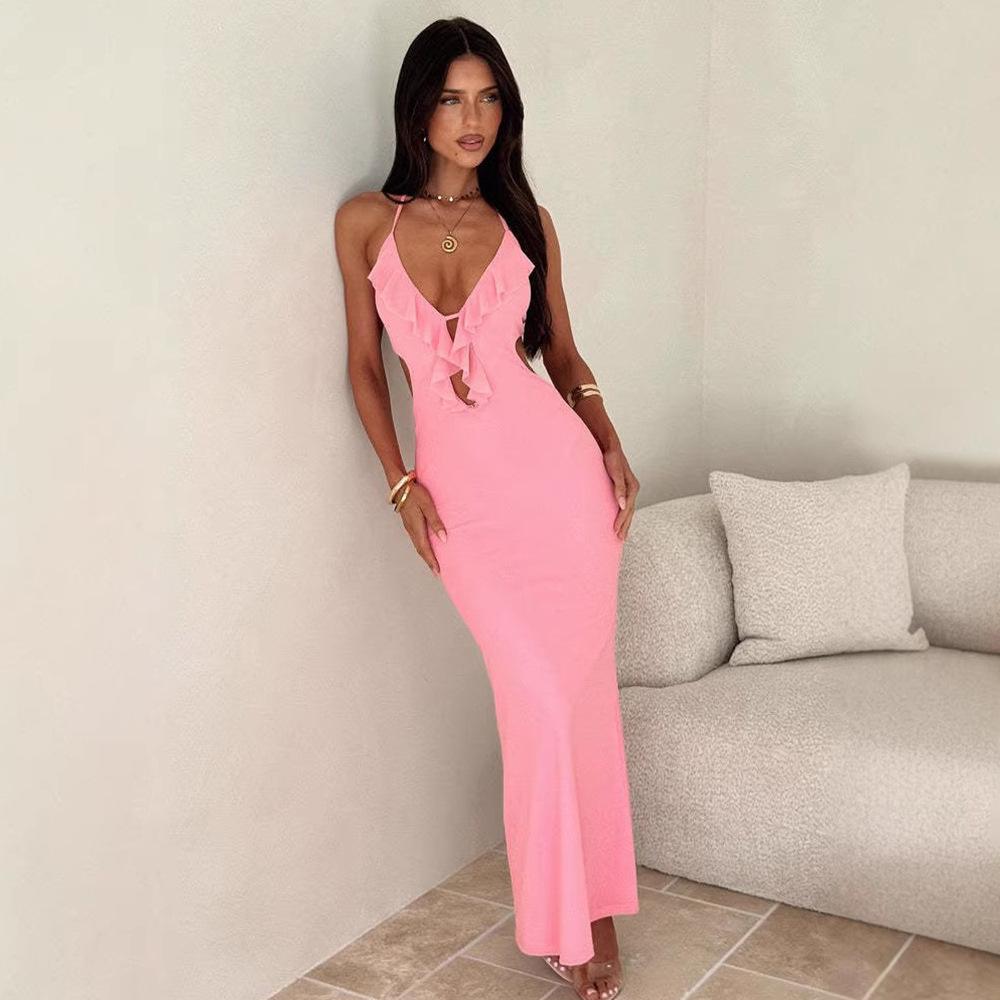 

Spring European and American style fashion temperament pure desire Spice girl sexy low cut solid color slim backless dress L рожевий