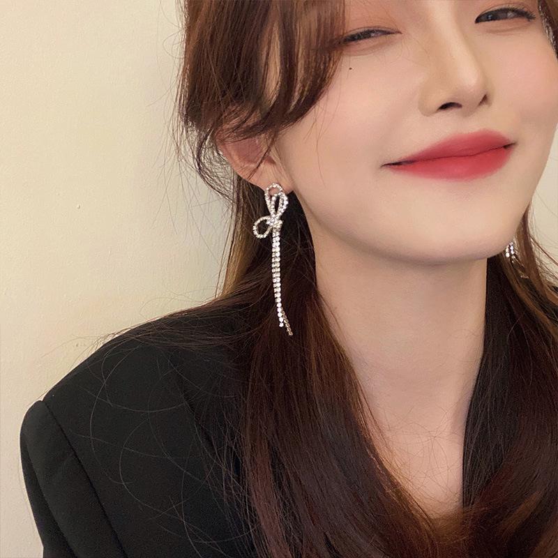 S925 Silver Needle Diamond Bow Tassel Earrings - Trendy Korean Fashion for Women