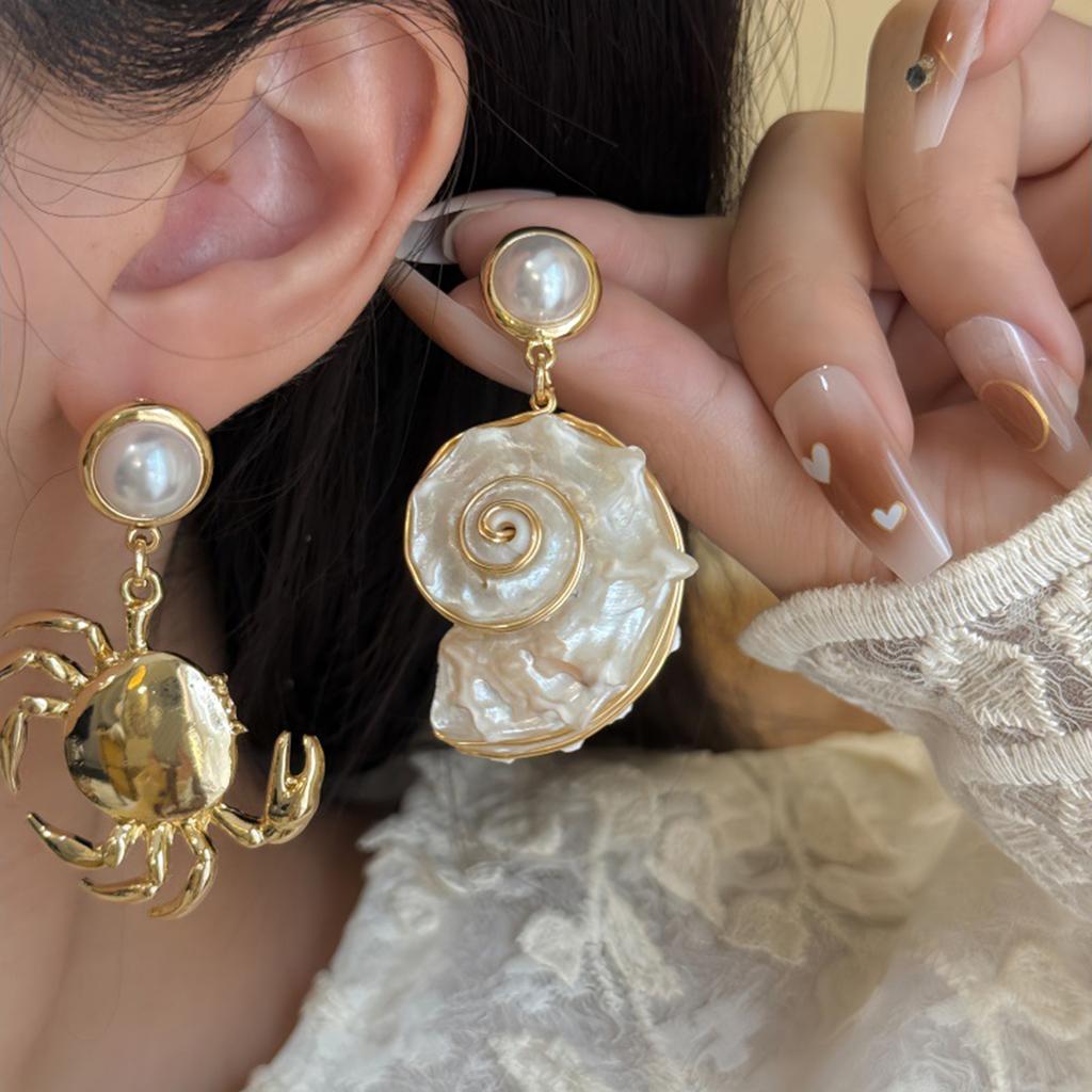 Coastal Style Drop Earrings Shell And Crab Design Asymmetric Alloy Jewelry Versatile Vacation Ear Accessories