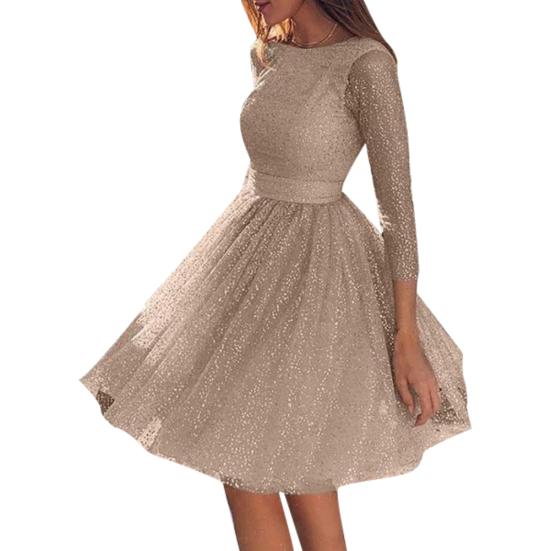 

Вечернее сексуальное женское прозрачное платье с блестками и рукавами 3/4 и открытой спиной S шампанского