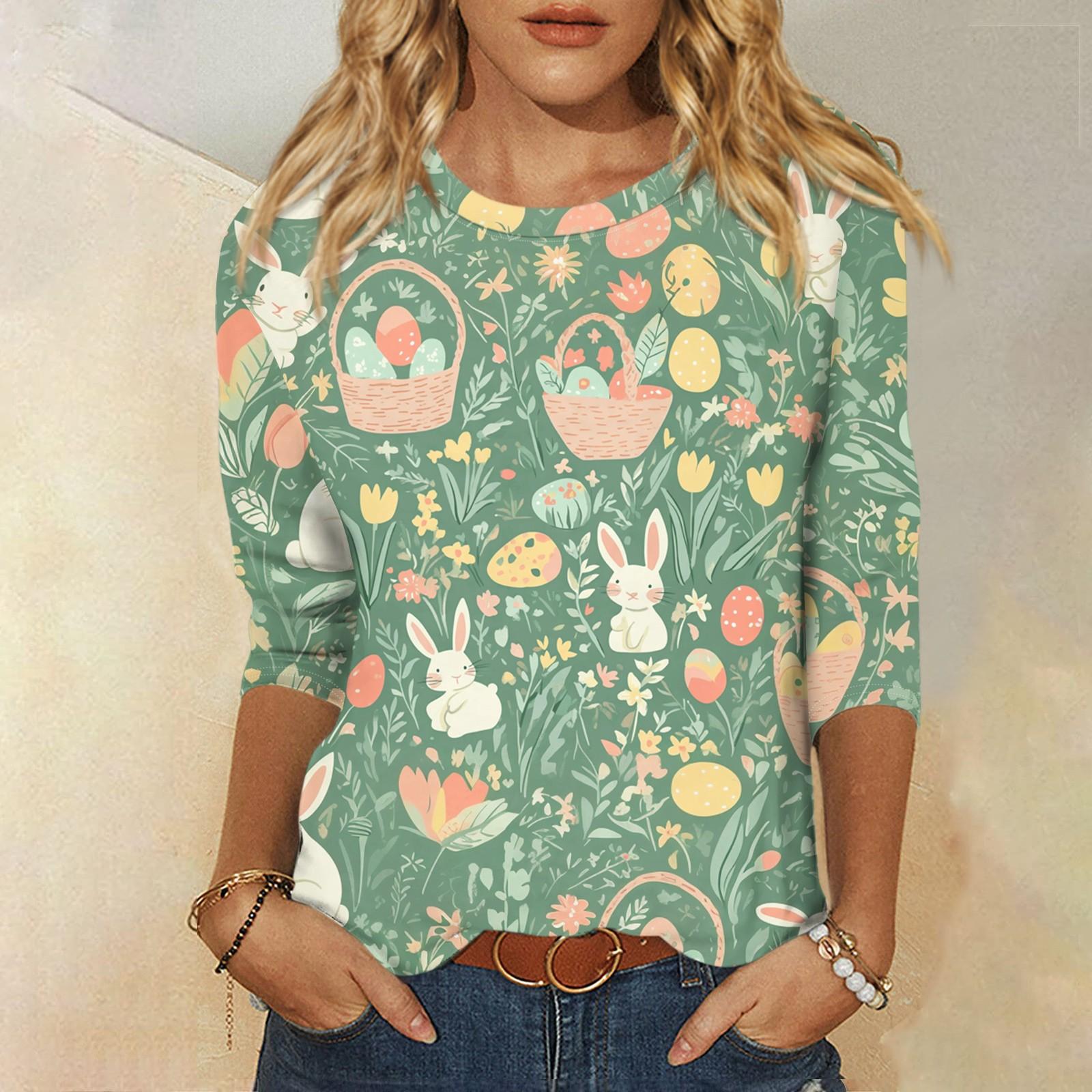 

Топы с рукавами 3/4 для женщин, футболка, повседневные топы с принтом, футболка, пуловер с круглым вырезом, блузка L зелёный