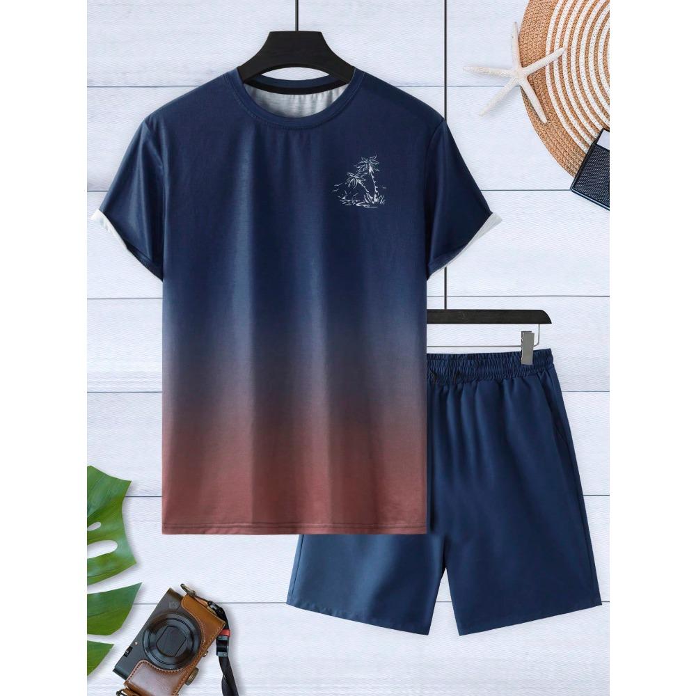 Palmenprint Herren Frühling und Sommer Zweiteiliges Set Lässiges Rundhals Kurzarm T-Shirt Shorts Sportanzug Print Kleidung